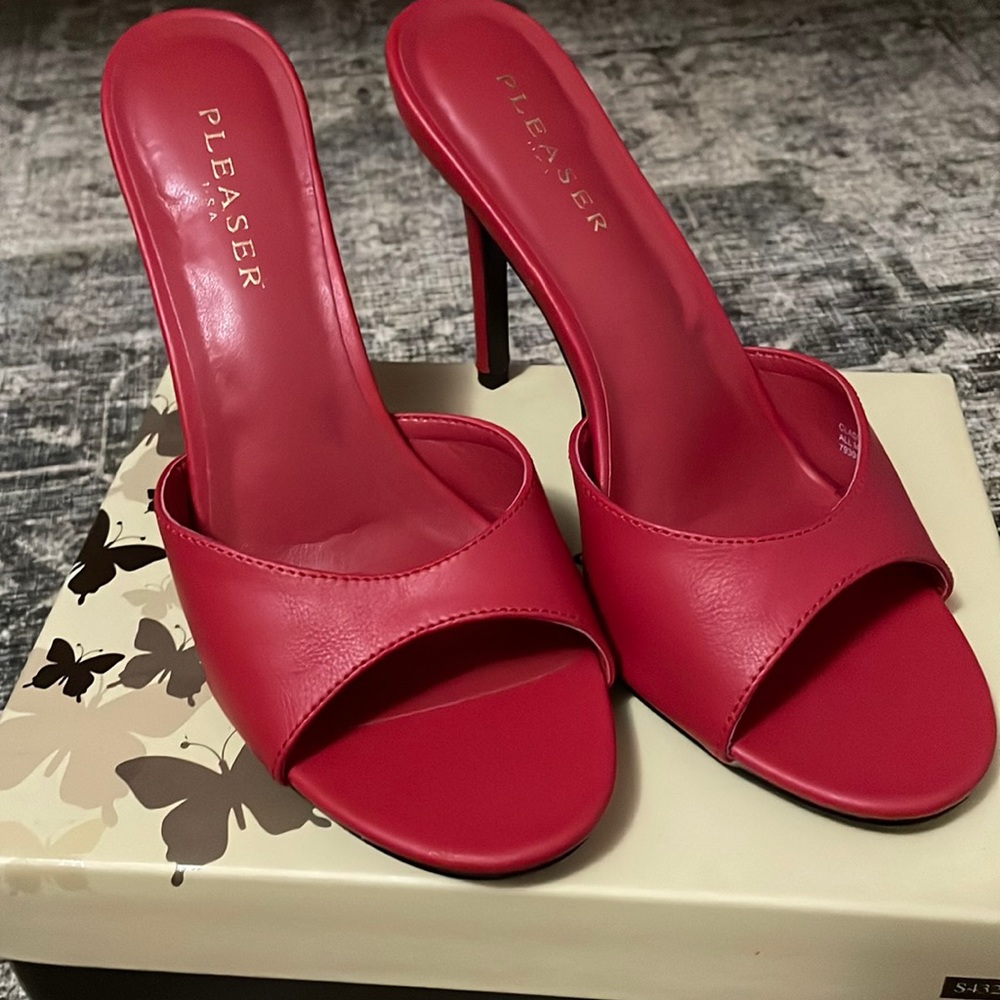 Red matte leatherette peep toe slip on heels